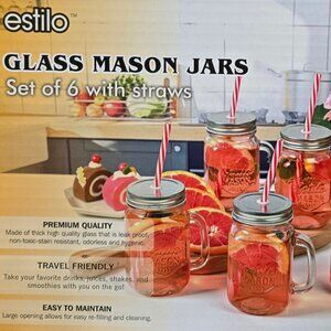 Estilo Glass Mason Jars with Handles, Lids, & Straws, 16 oz, Set of 6